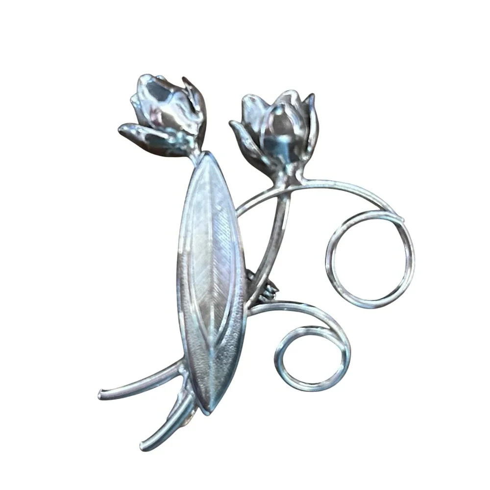 Two Vintage Silver Toned Rose Brooches‎ - Single Rose Double Rose Giovanni
